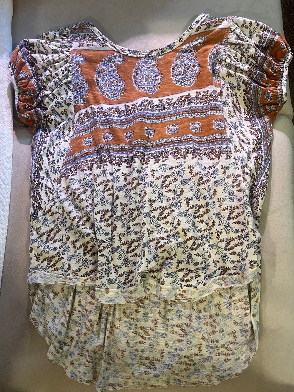 Free People Boho Paisley T in Cream and Brown with Orange Accents